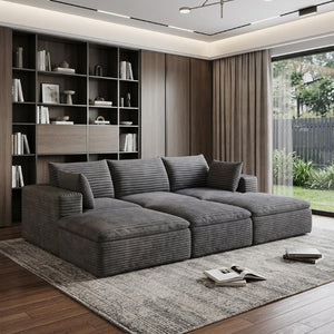 102 Inch Corduroy Modular Sectional Sofa with Ottoman and Toss Pillows for Living Room