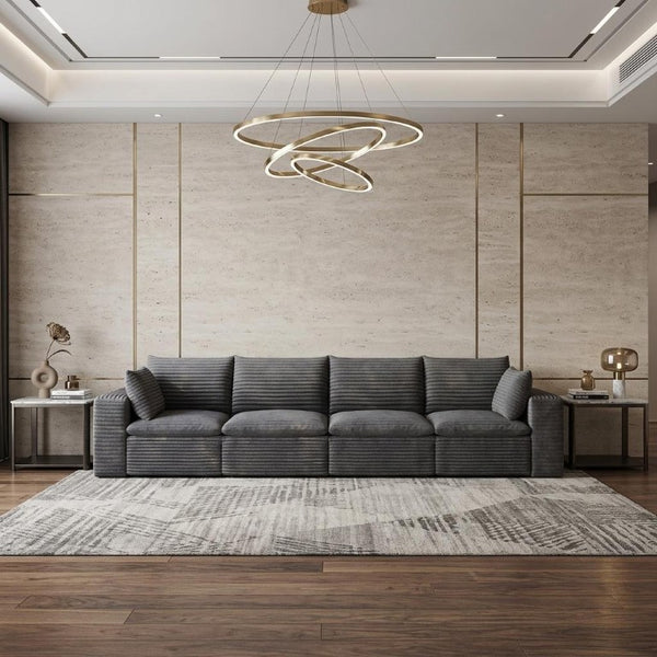 134 Inch Corduroy Modular Sectional Sofa with Toss Pillows for Cozy Modern Living Rooms