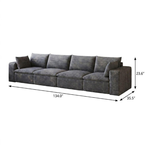 134 Inch Corduroy Modular Sectional Sofa with Toss Pillows for Cozy Modern Living Rooms