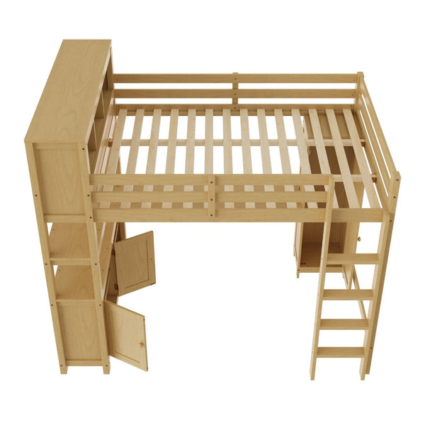 English Elm Full Size Pine Loft Bed House Frame with Slide Bookshelves and Moon Star Rails W1580S00163