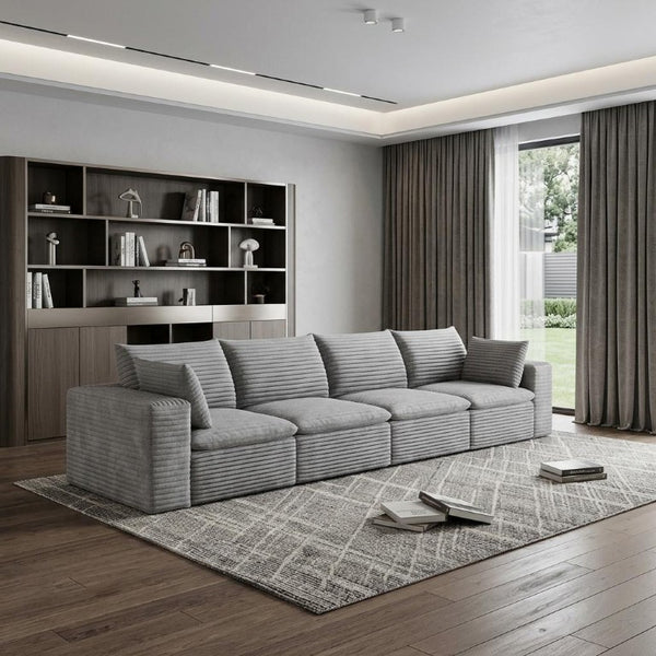 134 Inch Corduroy Modular Sectional Sofa with Toss Pillows for Cozy Modern Living Rooms