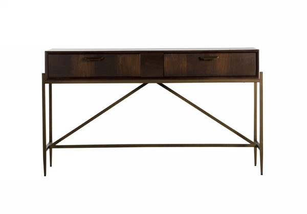 VIG Furniture Shane Dark Mango Acacia Console Table With Antique Brass Handles, Spindle-Leg Base, 2 Drawers - 52" W VGNX-MEMPHIS-20181