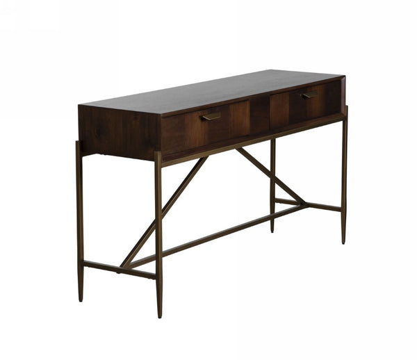 VIG Furniture Shane Dark Mango Acacia Console Table With Antique Brass Handles, Spindle-Leg Base, 2 Drawers - 52" W VGNX-MEMPHIS-20181