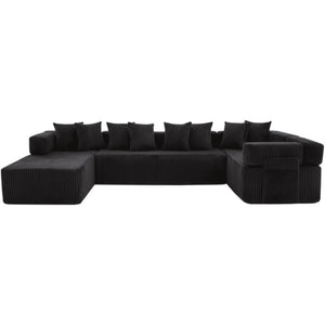 Corduroy U-shaped Sectional Sofa with Built-in Console Accent Pillows for Living Room