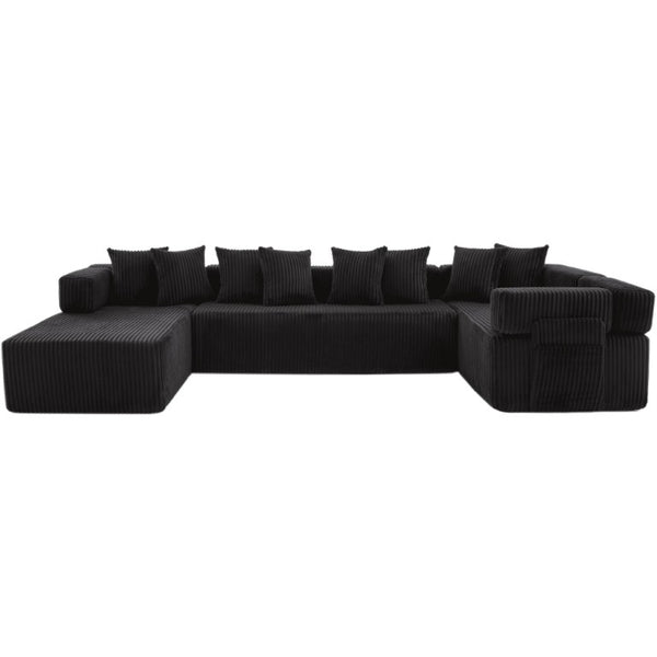 Corduroy U-shaped Sectional Sofa with Built-in Console Accent Pillows for Living Room