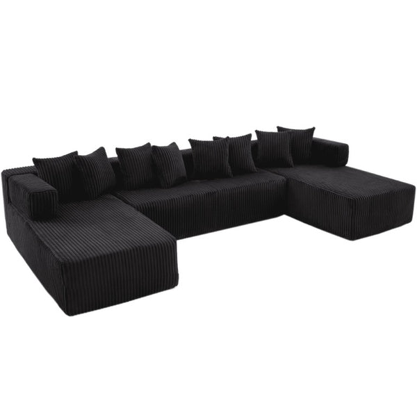 Corduroy U-shaped Sectional Sofa with Built-in Console Accent Pillows for Living Room