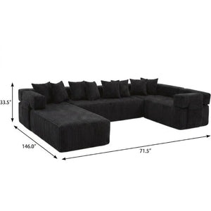 Corduroy U-shaped Sectional Sofa with Built-in Console Accent Pillows for Living Room
