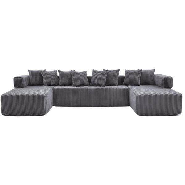 Corduroy U-shaped Sectional Sofa with Built-in Console Accent Pillows for Living Room