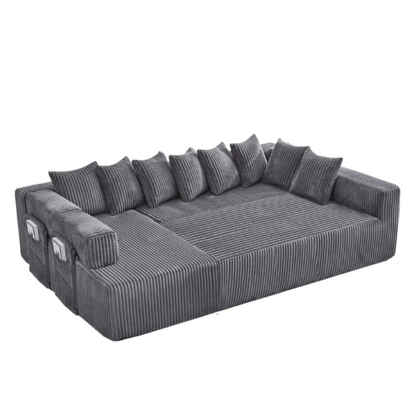 Corduroy U-shaped Sectional Sofa with Built-in Console Accent Pillows for Living Room