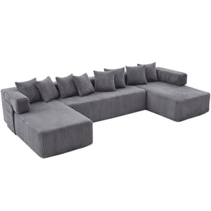 Corduroy U-shaped Sectional Sofa with Built-in Console Accent Pillows for Living Room