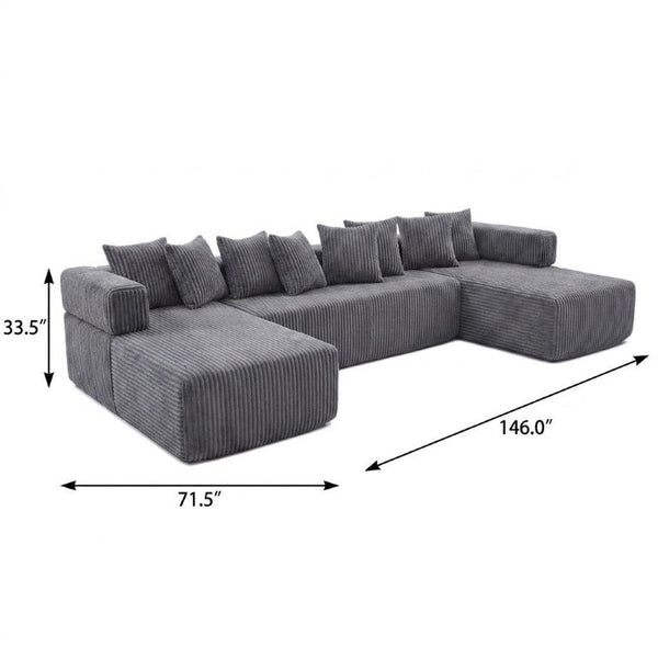 Corduroy U-shaped Sectional Sofa with Built-in Console Accent Pillows for Living Room