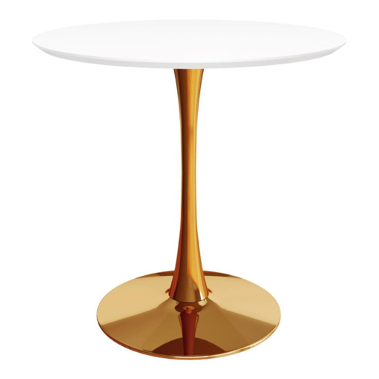 HomeRoots 36 Inch Round Dining Table with Gold Steel Pedestal Base in Crisp White Finish 762840