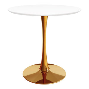 HomeRoots 36 Inch Round Dining Table with Gold Steel Pedestal Base in Crisp White Finish 762840