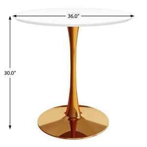 36 Inch Round Dining Table with Gold Steel Pedestal Base in Crisp White Finish