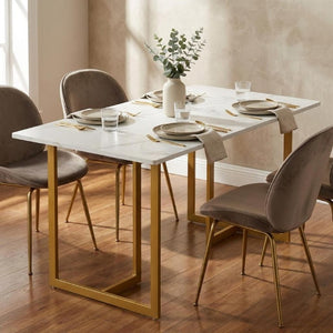 55 Inch Faux Marble Top Dining Table with Gold Iron Sled Base for Modern Rooms