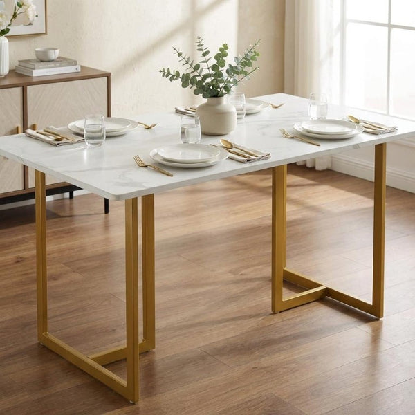 HomeRoots 55 Inch Faux Marble Top Dining Table with Gold Iron Sled Base for Modern Rooms 762854