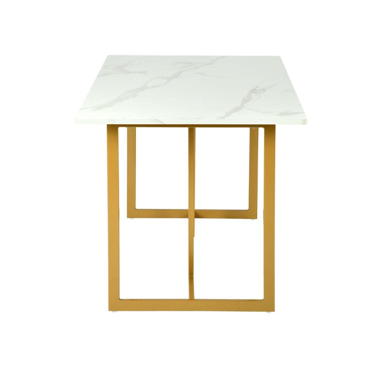 HomeRoots 55 Inch Faux Marble Top Dining Table with Gold Iron Sled Base for Modern Rooms 762854