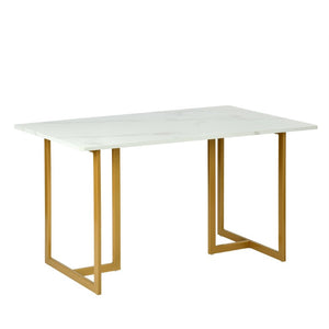 55 Inch Faux Marble Top Dining Table with Gold Iron Sled Base for Modern Rooms