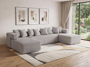 Corduroy U-shaped Sectional Sofa with Built-in Console Accent Pillows for Living Room