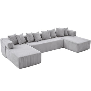 Corduroy U-shaped Sectional Sofa with Built-in Console Accent Pillows for Living Room