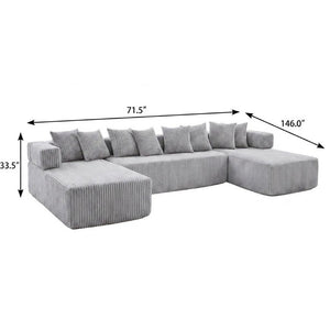 Corduroy U-shaped Sectional Sofa with Built-in Console Accent Pillows for Living Room