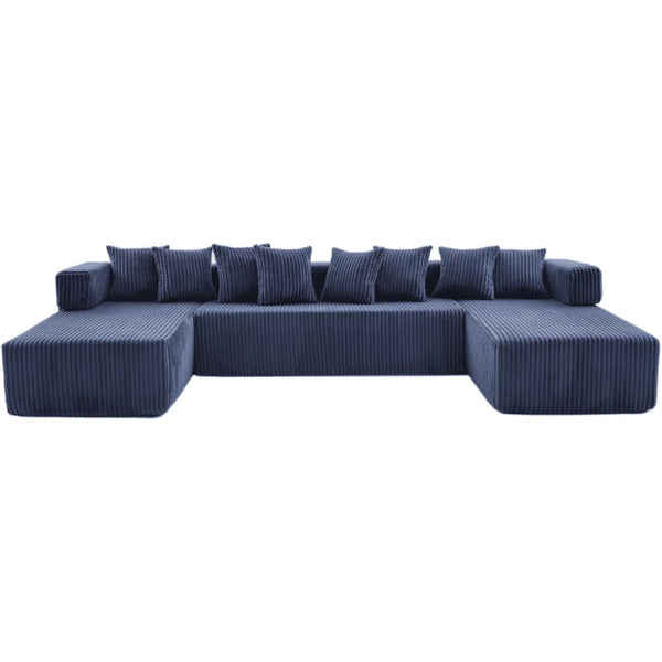 Corduroy U-shaped Sectional Sofa with Built-in Console Accent Pillows for Living Room