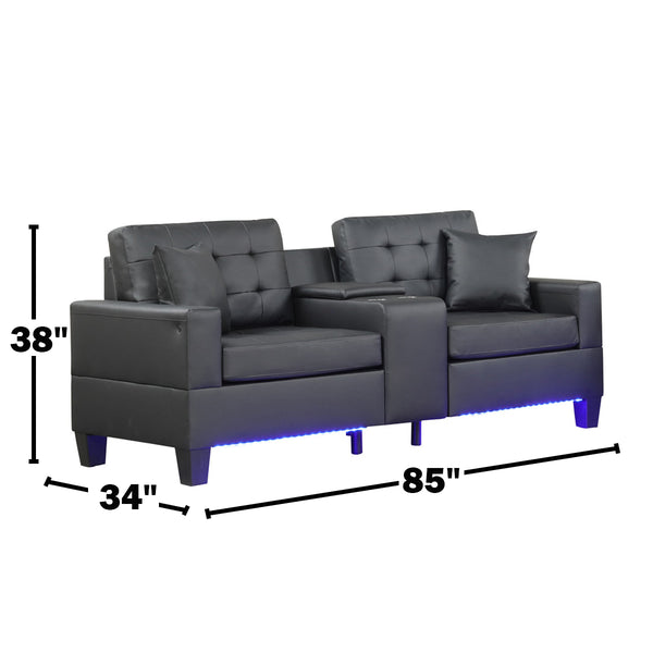 English Elm PVC Tufted Upholstered Sofa with LED Lights, USB Charging, Storage Console & Cupholders for Modern Living Room Comfort and Style B016S00048