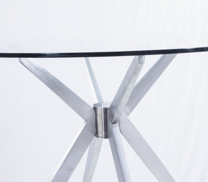 VIG Furniture Dallas Sleek Round Glass Dining Table With Brushed Stainless Crisscross Base — Seats 4, Modern Chic VGHR7038-BSS