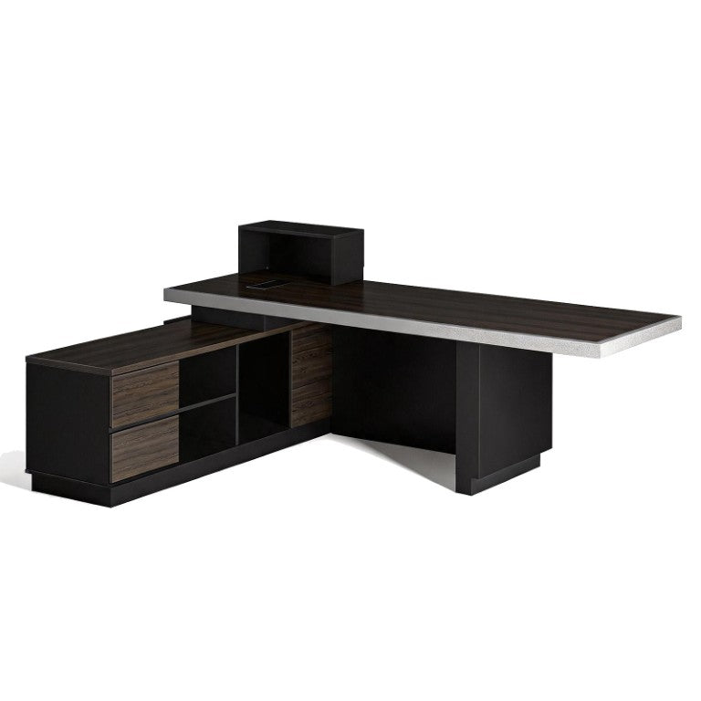 HomeRoots 79 Inch Black Wood Pedestal Executive Desk with Dual Storage Drawers and Built in Lighting 762934