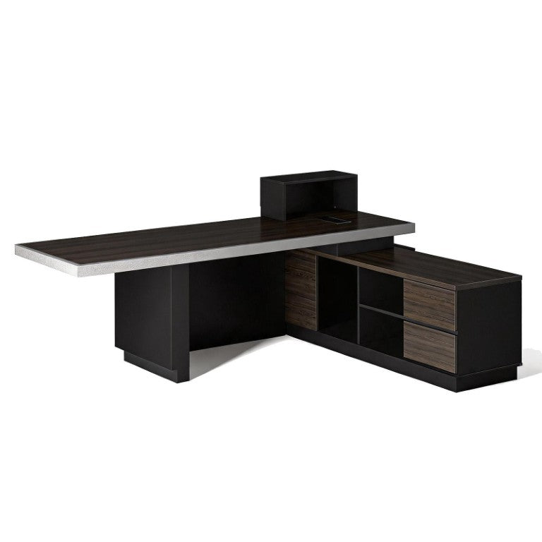 HomeRoots 79 Inch Black Wood Pedestal Executive Desk with Dual Storage Drawers and Built in Lighting 762934