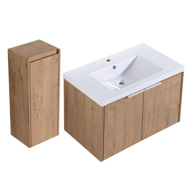 English Elm 30" Wall-Mounted Bathroom Vanity With Resin Sink & Side Cabinet For Modern Space-Saving Style W999S00219