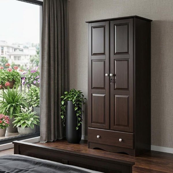 72 Inch Solid Wood Combo Dresser with Double Doors and a Drawer in Dark Brown