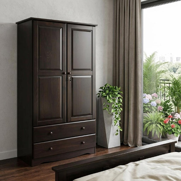 72 Inch Solid Wood Combo Dresser with Double Doors and Drawers in Rich Dark Brown