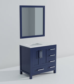 English Elm Navy Blue Bath Vanity With Left-Offset Carrara Marble Top & 34" Mirror - Stylish Storage Solution! B2731S00691