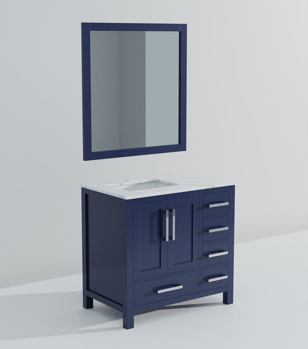 English Elm Navy Blue Bath Vanity With Left-Offset Carrara Marble Top & 34" Mirror - Stylish Storage Solution! B2731S00691