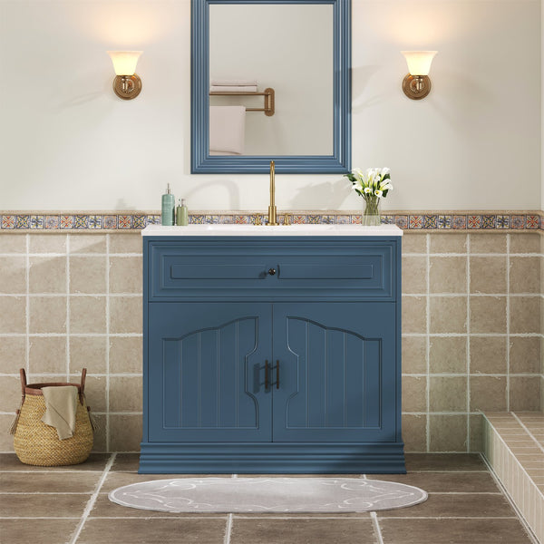 English Elm 36" Luxurious Bathroom Vanity with Ceramic Sink and Soft-Close Doors, Solid Wood Frame, Adjustable Shelves Blue N710P288944C