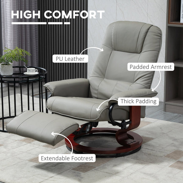 English Elm HOMCOM Gray Faux Leather Manual Recliner with Swivel Wood Base, 145° Recline, Padded Armrest and Footrest W2225P173862