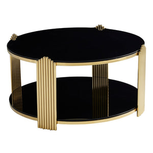 English Elm 35inch Round Coffee Table Dual Tier Tempered Glass Gold Steel Frame Living Room W3357P395503
