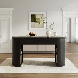 English Elm Storage Writing Desk with Curved Base Open Shelves and Drawers for Home Office Black N757P306285B