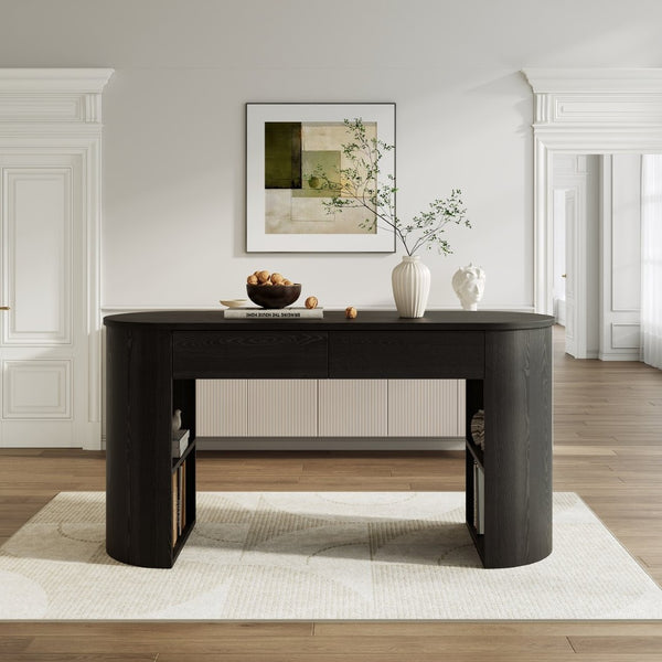 English Elm Storage Writing Desk with Curved Base Open Shelves and Drawers for Home Office Black N757P306285B