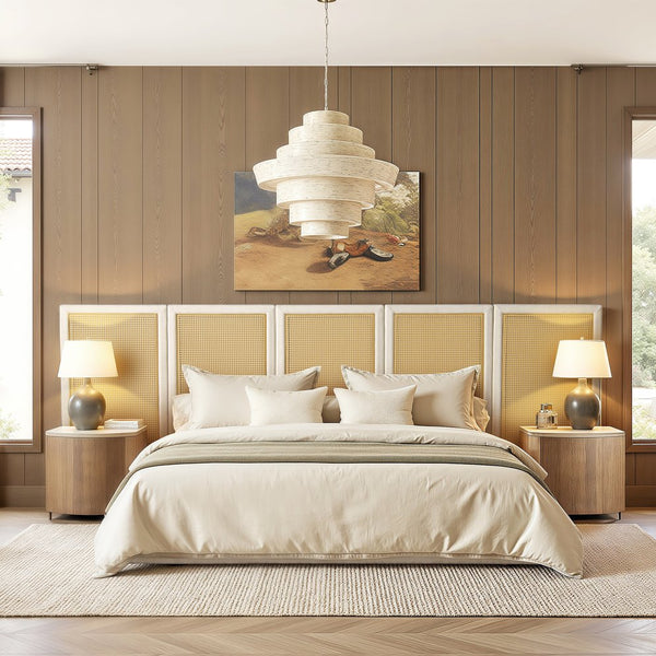 English Elm Jennifer Taylor Home - Capri Upholstered Extended Headboard Cane Platform Bed in Antique White Polyester, Coastal Chic B2719P385740