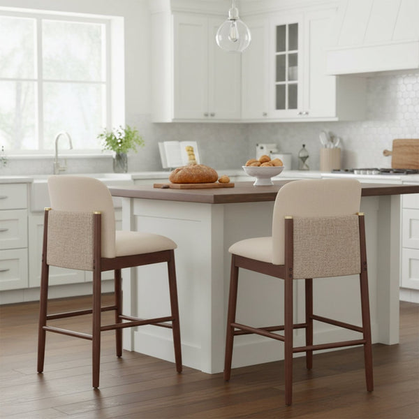 English Elm Lois Rubberwood Counter Stools Set of 2 Beige Upholstered Seats Walnut Frame N775P369557D