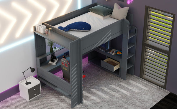 English Elm Wood Full Size Loft Bed with Built-in Desk Led Lighting and Charging Station SM000374AAE-1