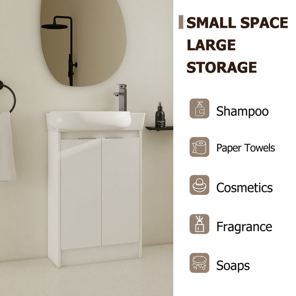 English Elm 23" Freestanding Bathroom Vanity with Ceramic Vessel Sink, Soft-Close Doors, Adjustable Shelf Storage Glossy White W999P206105
