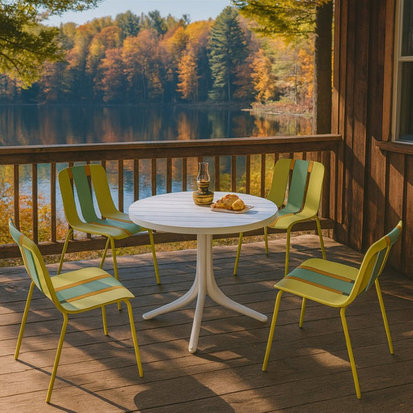 English Elm Summer 5 Piece Round Polypropylene Dining Set Uv Resistant Striped Indoor Outdoor Patio Grain Yellow,Haze Green,Tropical Orange,White W3450S00030