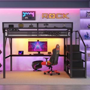 English Elm Queen Metal Loft Bed with Desk Charging Station Rgb Lighting and Storage Stairs W2580S00091