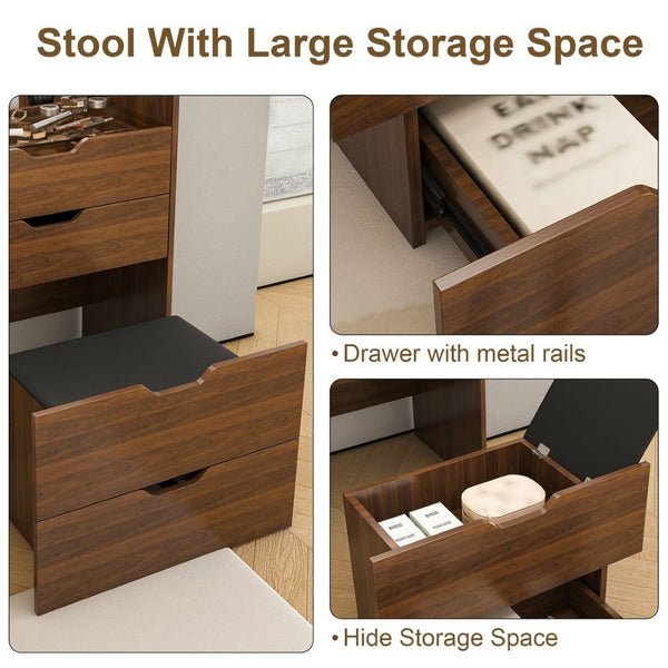 English Elm 3-in-1 Walnut Vanity Desk with Led Lighted Flip Mirror Stool Compact Bedroom Station W2699P404629