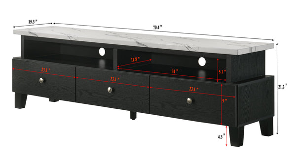 English Elm 1pc Timeless Entertainment Console with Faux Marble Top, Antique Two-Tone Finish, Sliding Doors and Drawers Black,White 18.43 L x 73.43 W x 20.79 H B2741P295129
