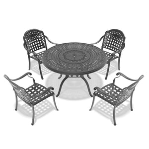 English Elm 5-piece Cast Aluminum Outdoor Dining Set with Carved Relief Frame and Cushioned Seats W1710S00563