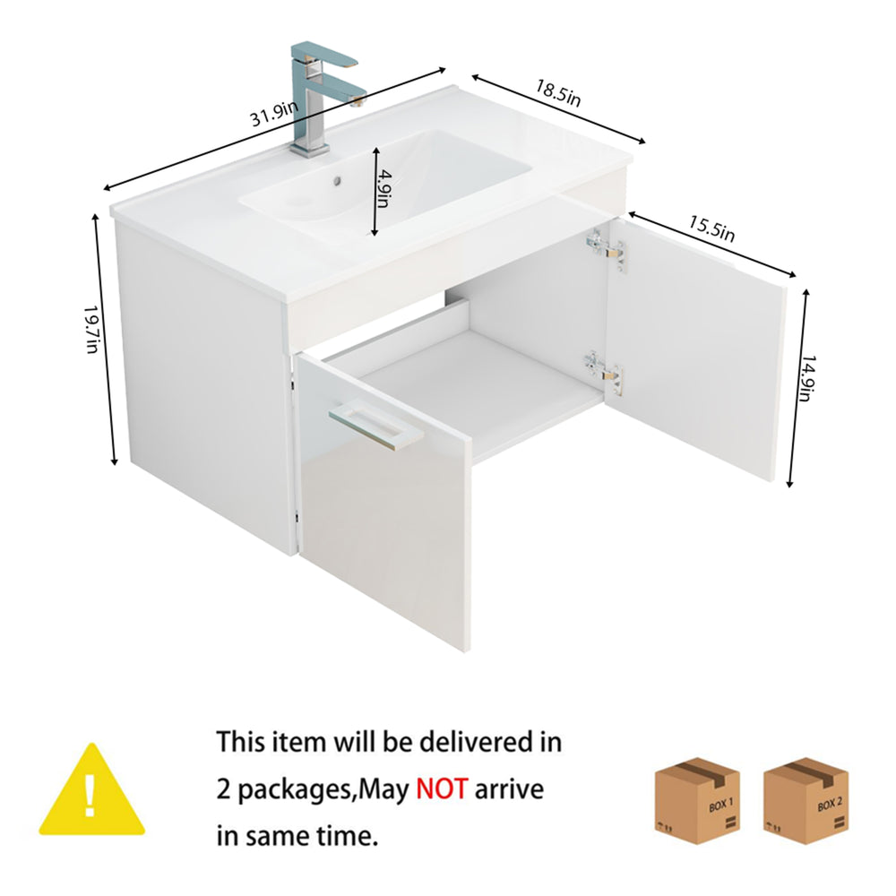 English Elm 32-Inch Wall-Mounted Bathroom Vanity With Ceramic Sink, Soft-Close Doors & Modern Glossy Finish W3151S00026